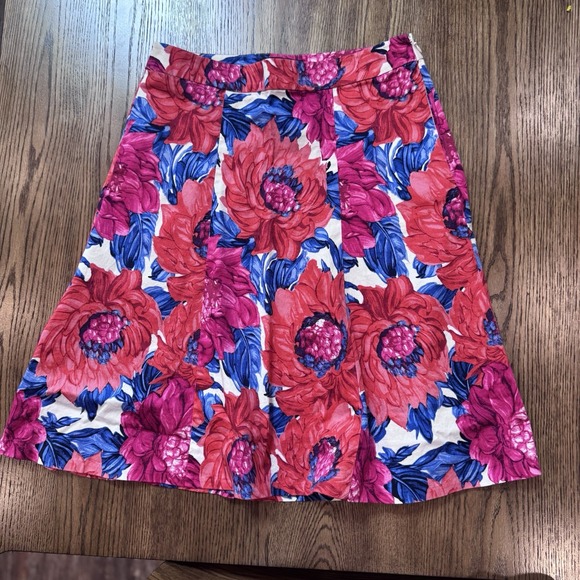 Talbots Petites A-Line Skirt 4P Red Pink Blue Floral Print Cotton Spandex Summer - Picture 3 of 8